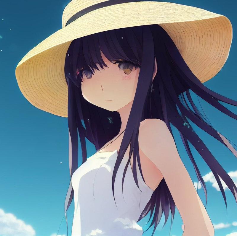 蓝天之下戴草帽的动漫少女