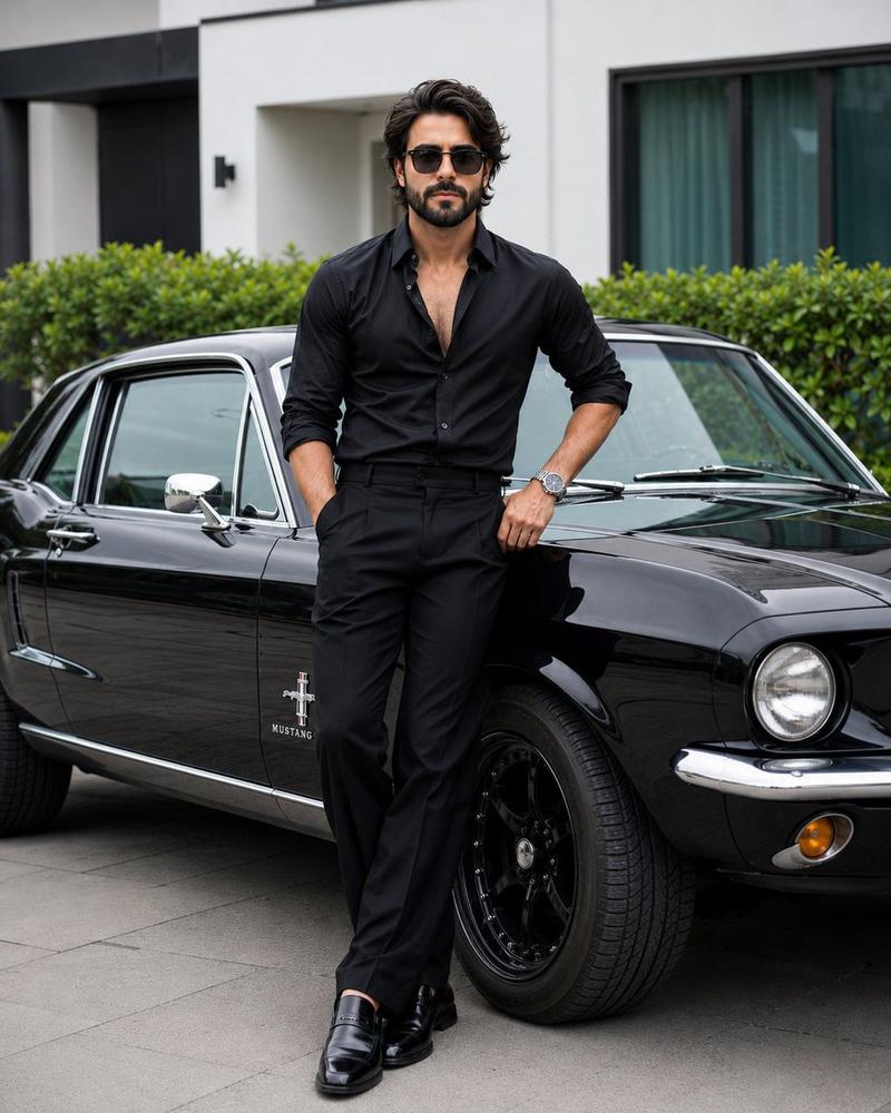 身着奢华服饰的时尚男士与 Mustang