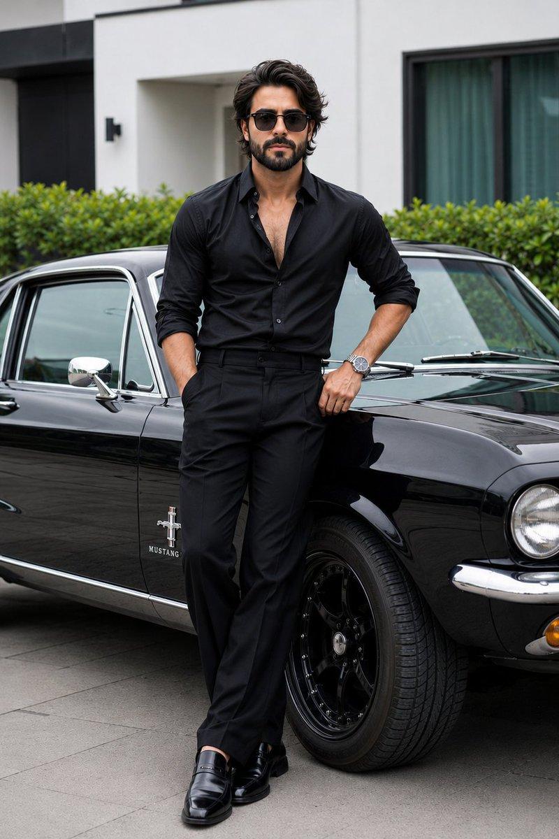 身着奢华服饰的时尚男士与 Mustang