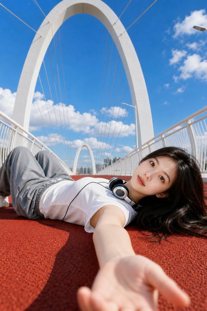 夏季桥梁跑道人像