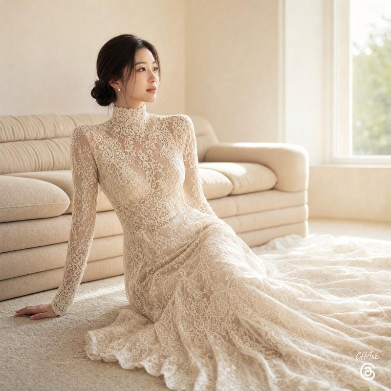 阳光下的蕾丝婚纱肖像