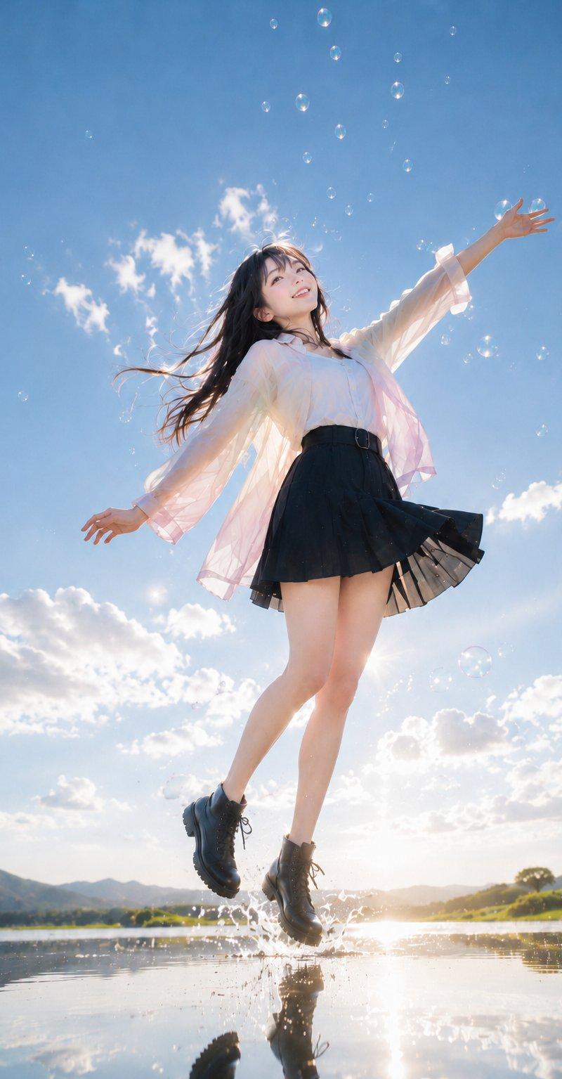 阳光湖畔的跳跃少女