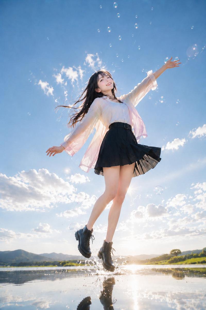 阳光湖畔的跳跃少女