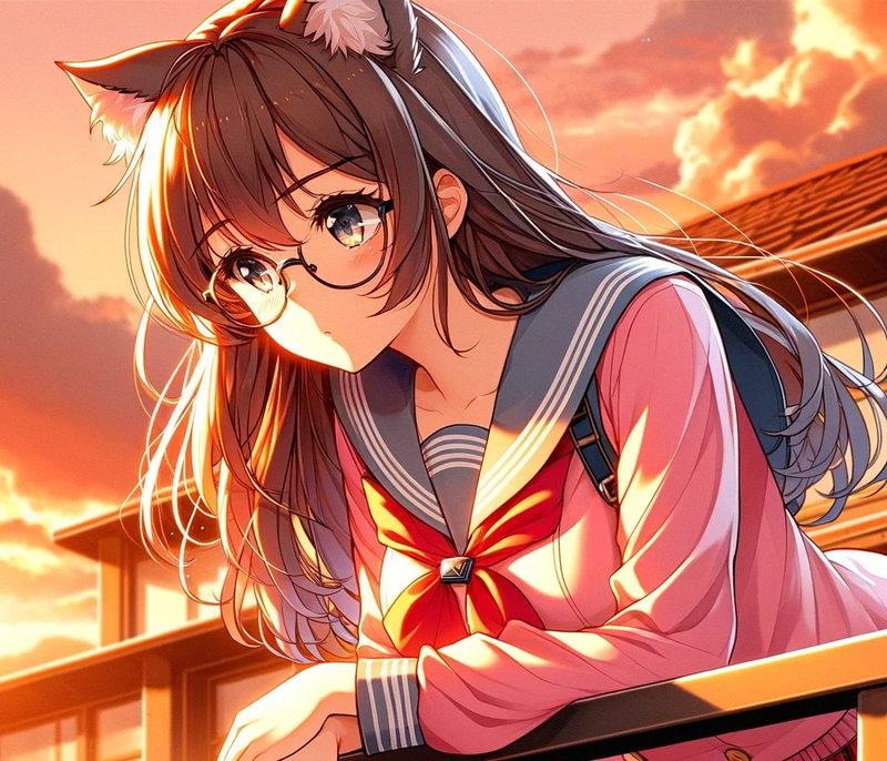 日落时分校园天台的猫耳少女动漫插画
