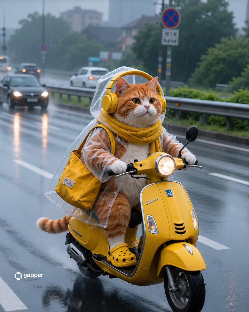 雨中骑行的橘猫