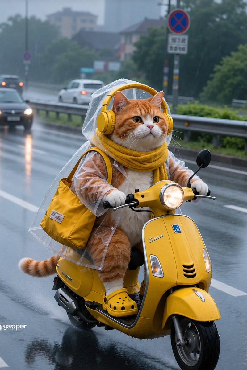 雨中骑行的橘猫