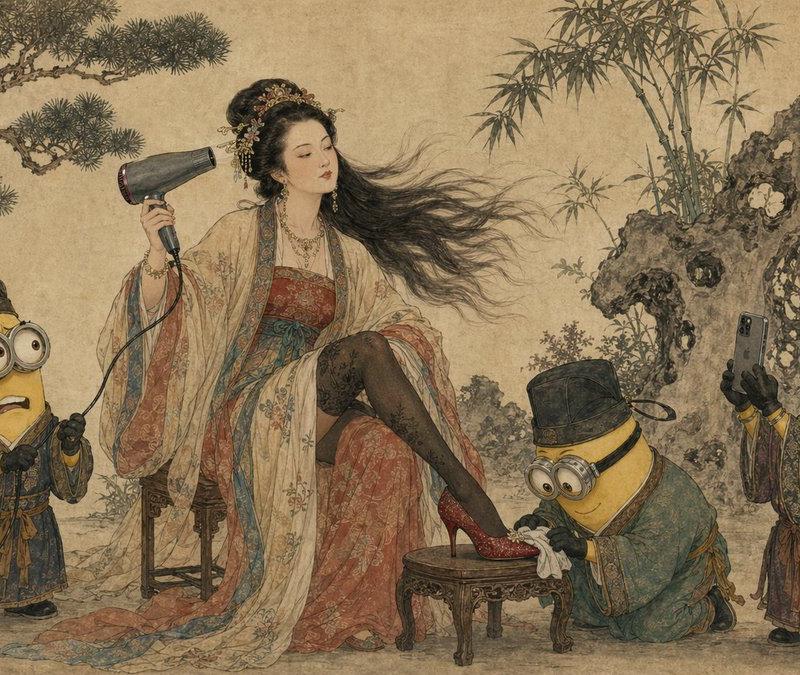 唐朝贵妃与小黄人工笔画