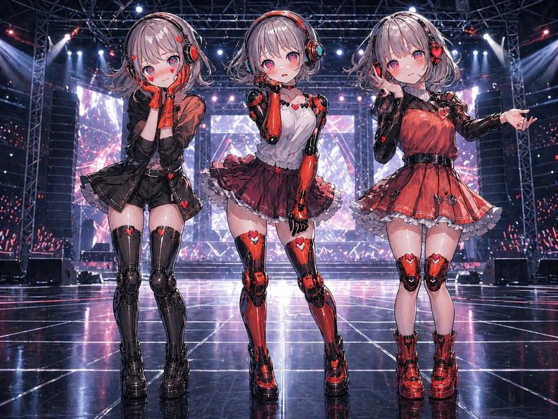 三位 Android 偶像少女在演唱会舞台上