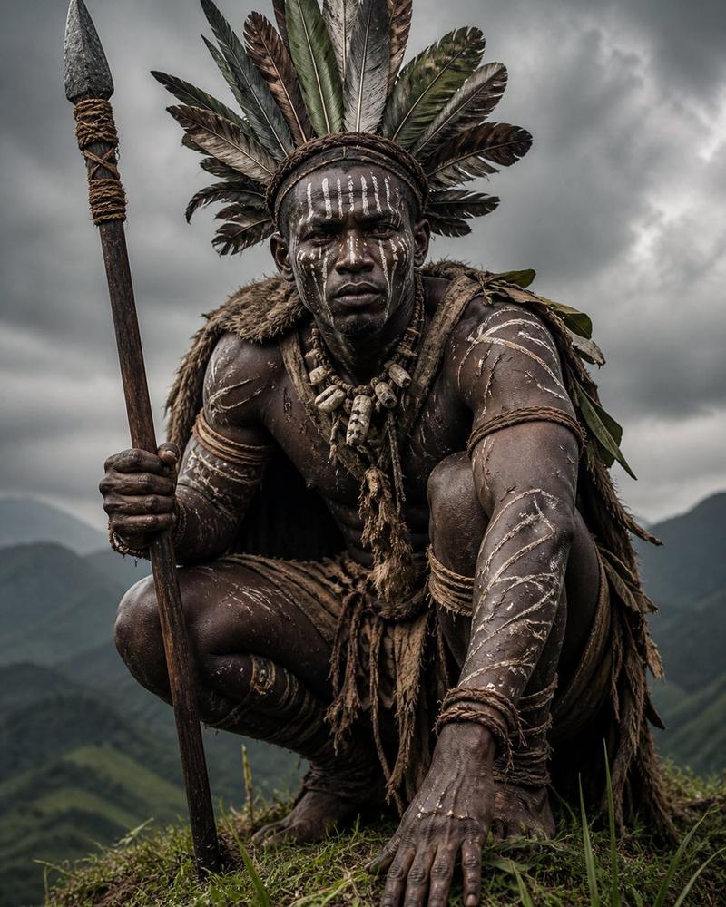 Crouching Tribal Warrior Portrait