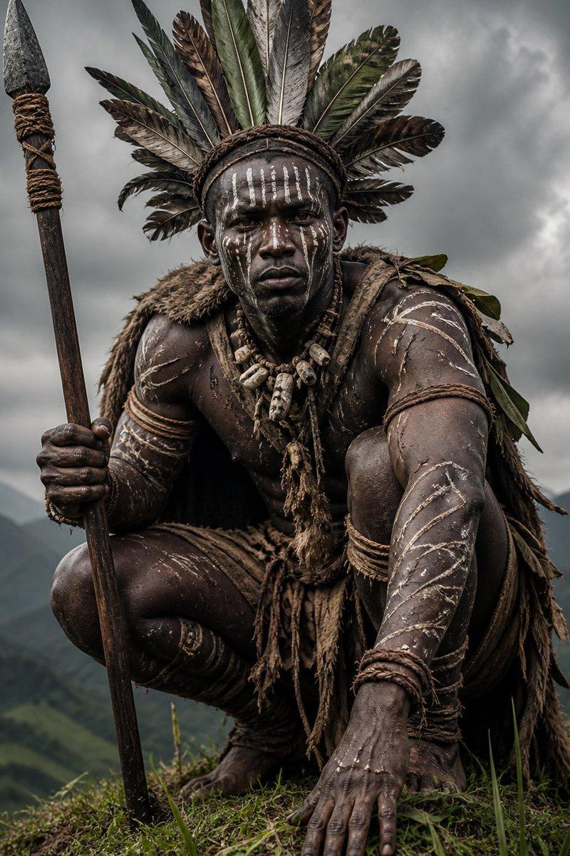 Crouching Tribal Warrior Portrait