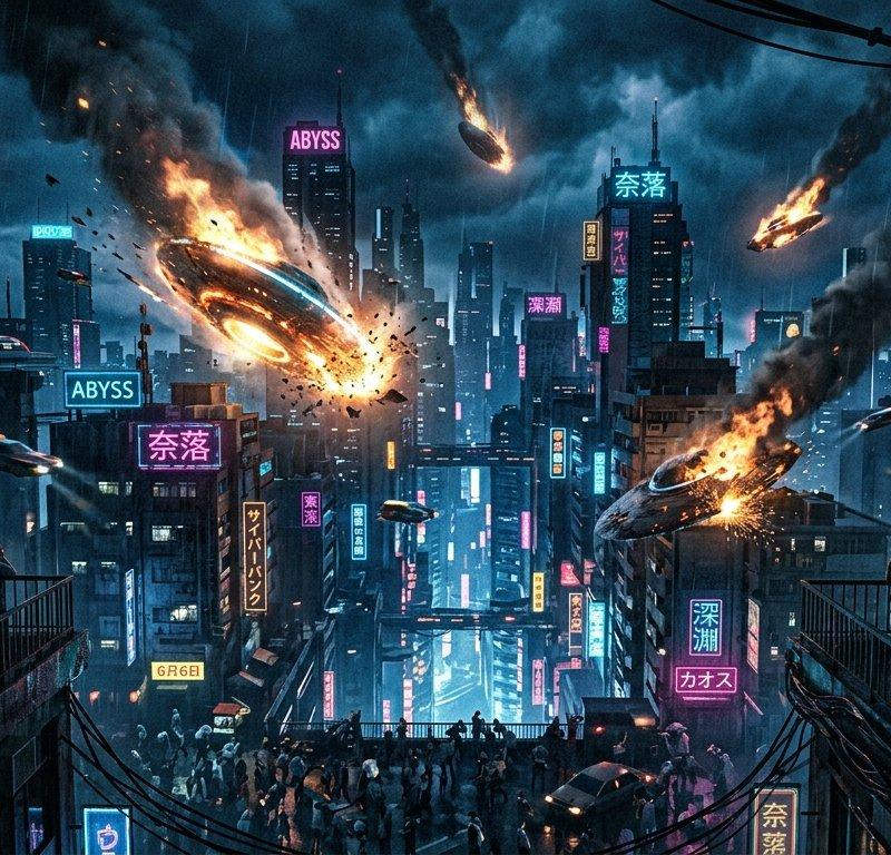 深渊中的 UFO 坠毁(赛博朋克风格)
