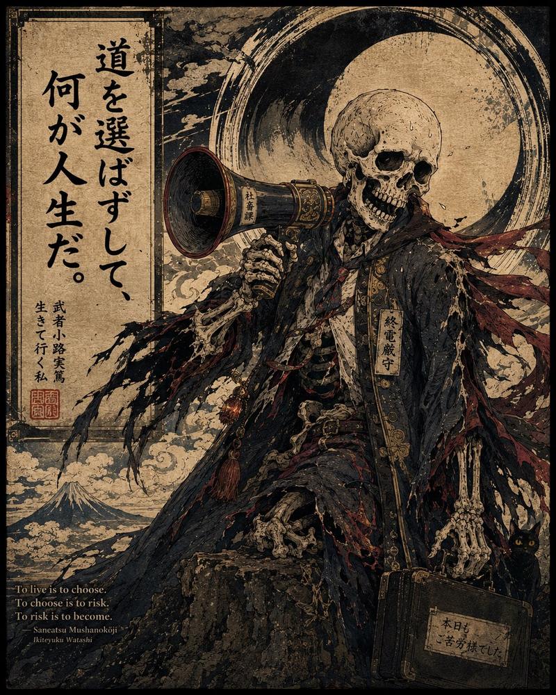 浮世绘风格骷髅社畜语录海报