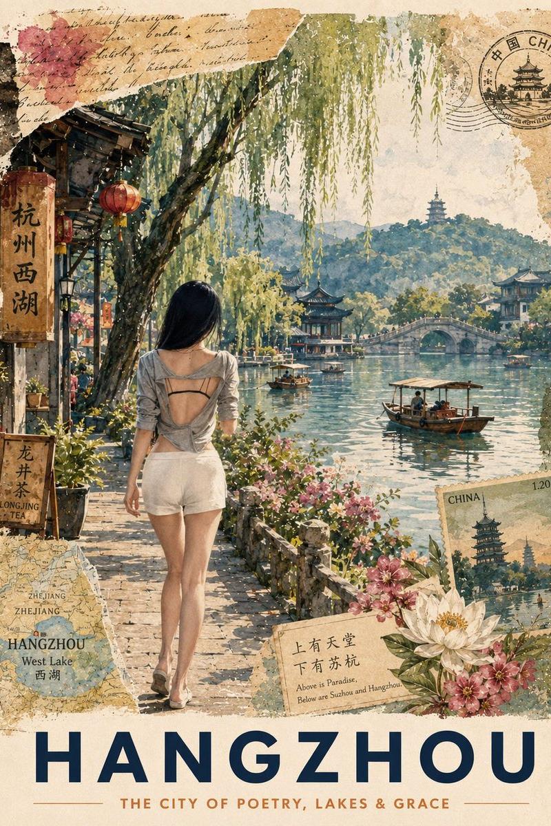 复古杭州旅行明信片