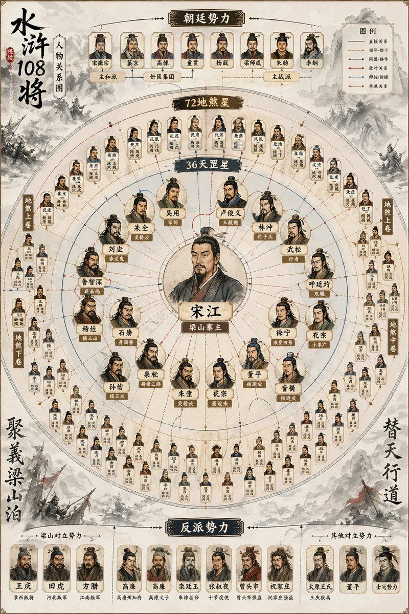 水浒传》108 将人物关系图提示词| Picva 图瓦| Pixshop AI