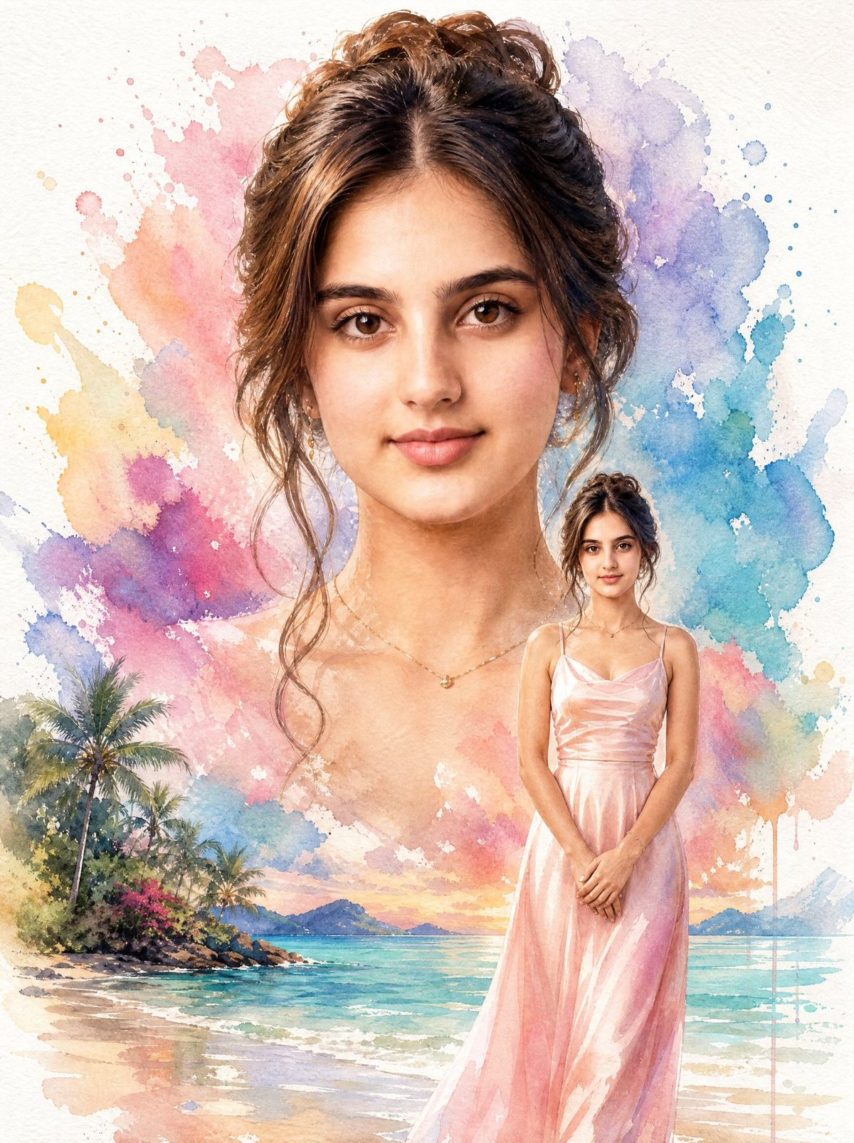 水彩海滩肖像拼贴画
