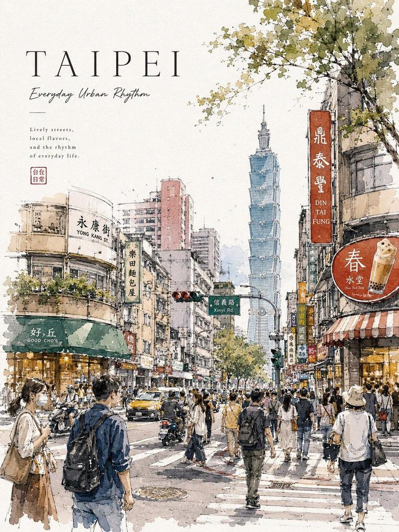 水彩城市旅行海报