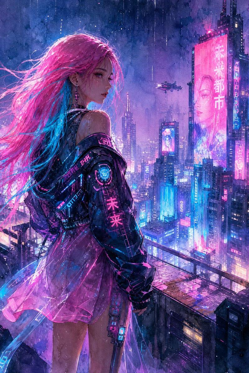 水彩赛博朋克屋顶少女
