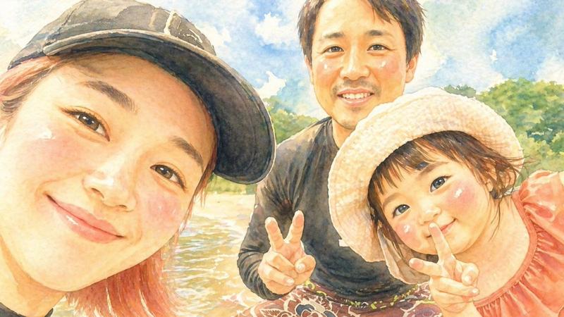 水彩风格家庭河畔自拍