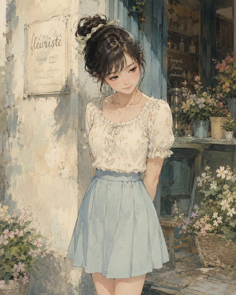 水彩花店少女肖像
