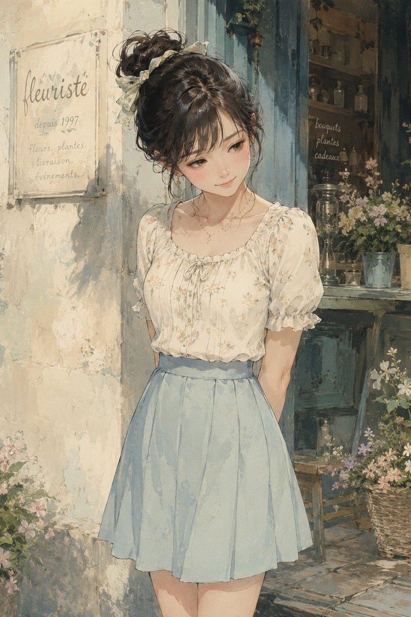 水彩花店少女肖像