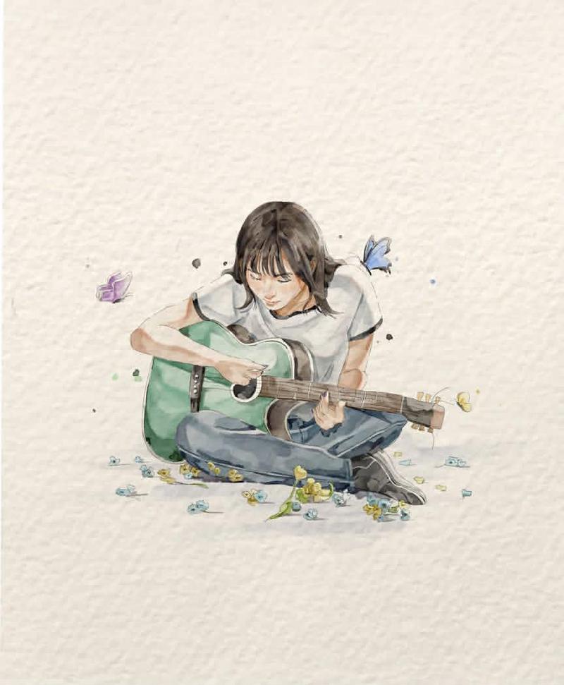 吉他手水彩插画