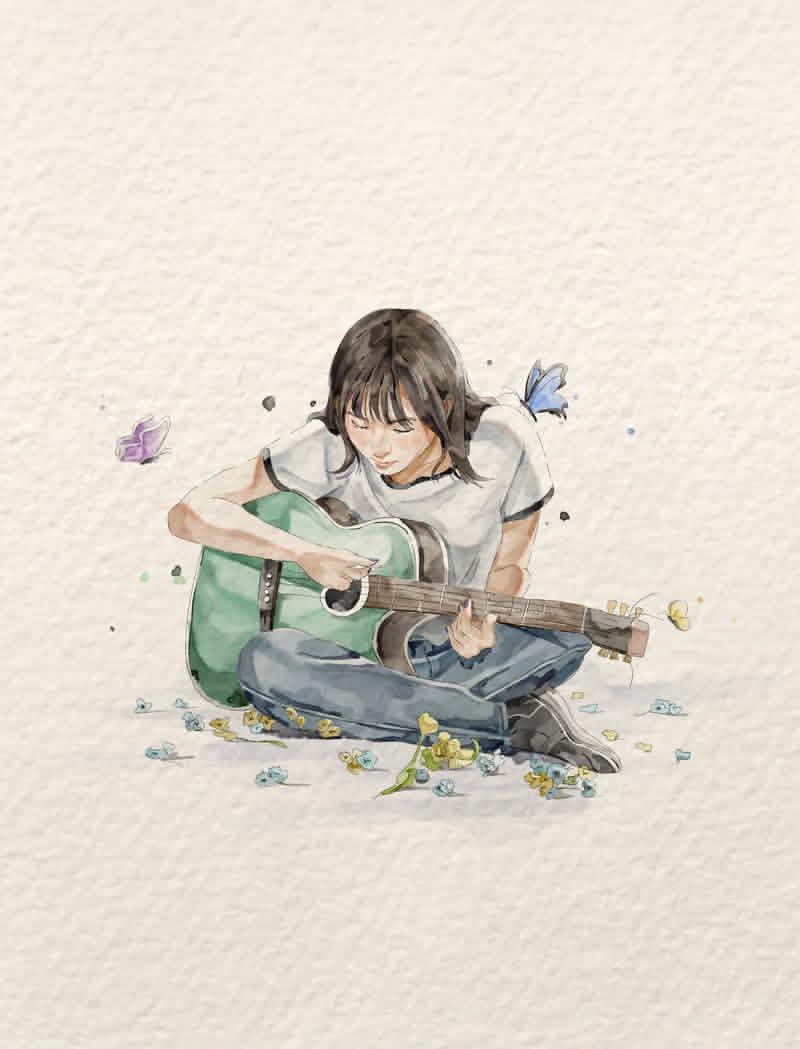 吉他手水彩插画