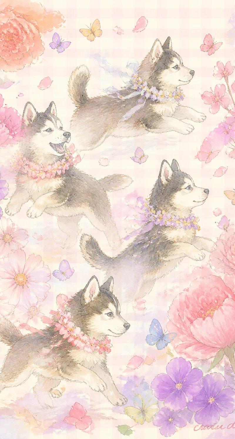 柔和色调哈士奇幼犬花海