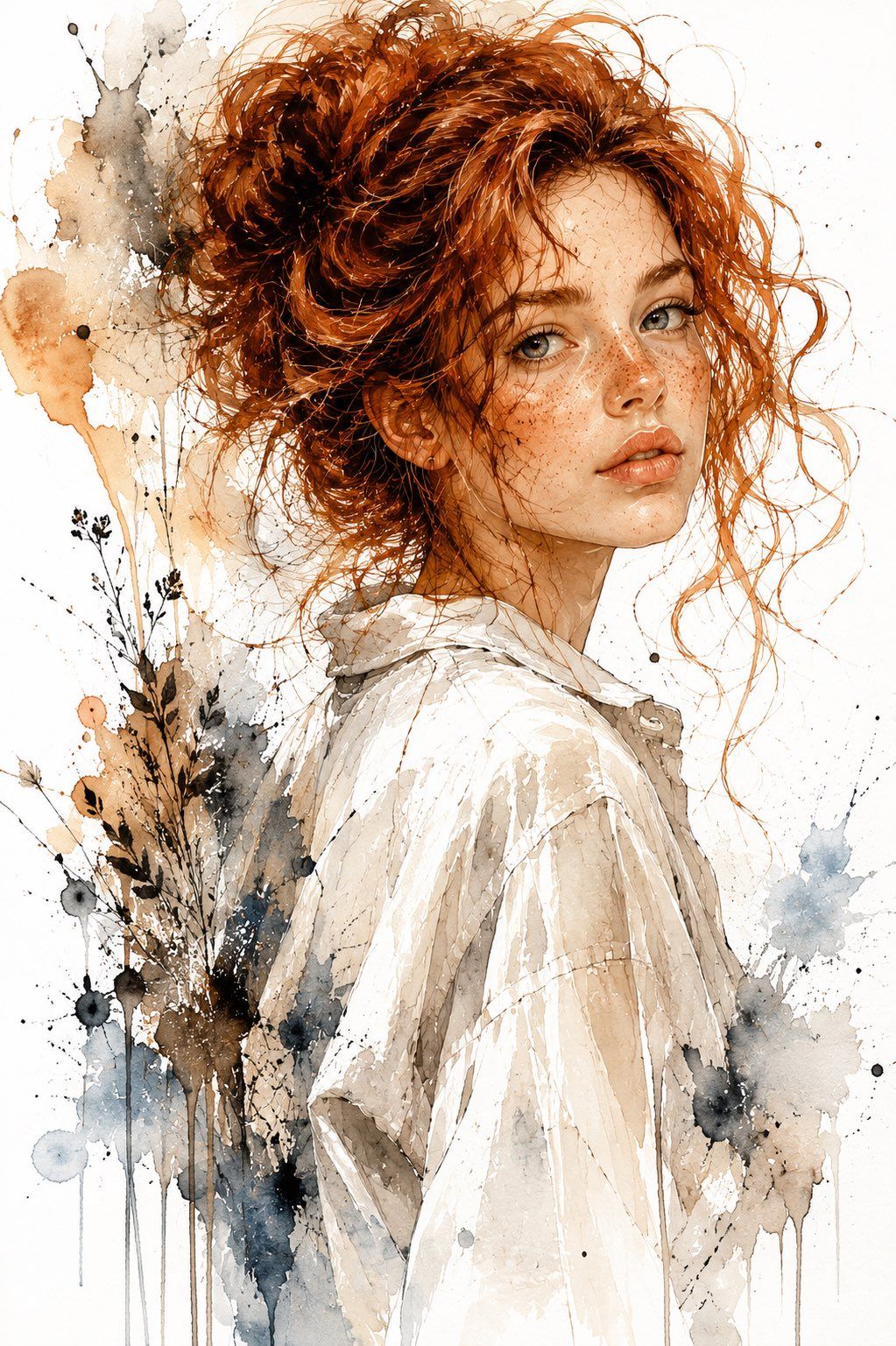 Watercolor and Ink Woman Portrait