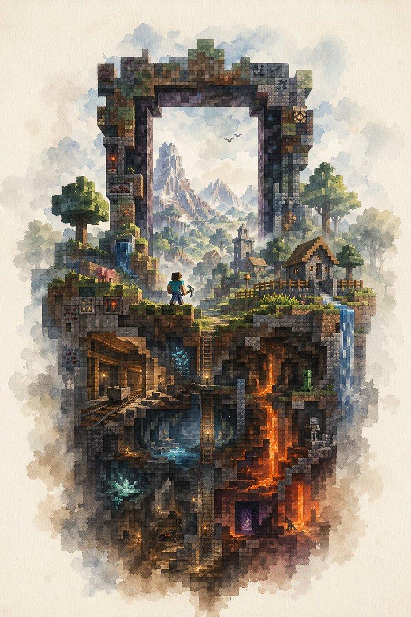 水彩风格 Minecraft 世界横截面