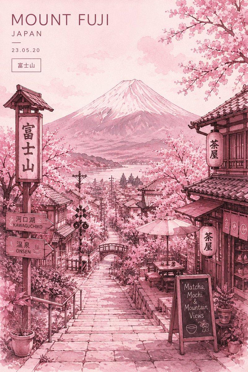 水彩风格富士山旅行海报