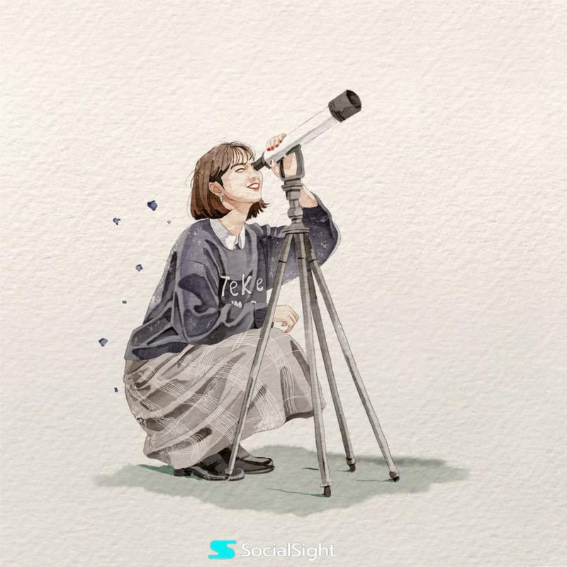 手持望远镜的女性水彩插画