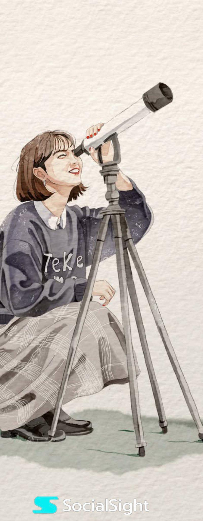 手持望远镜的女性水彩插画
