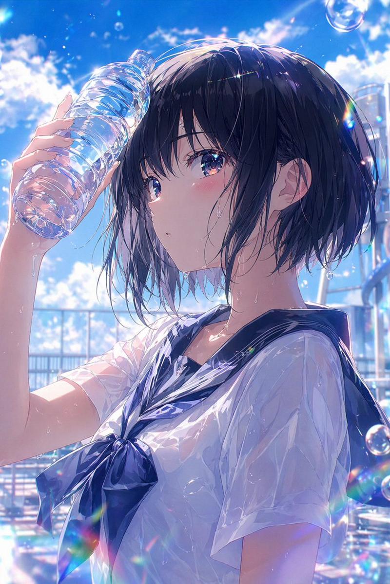 湿润夏日动漫女学生肖像