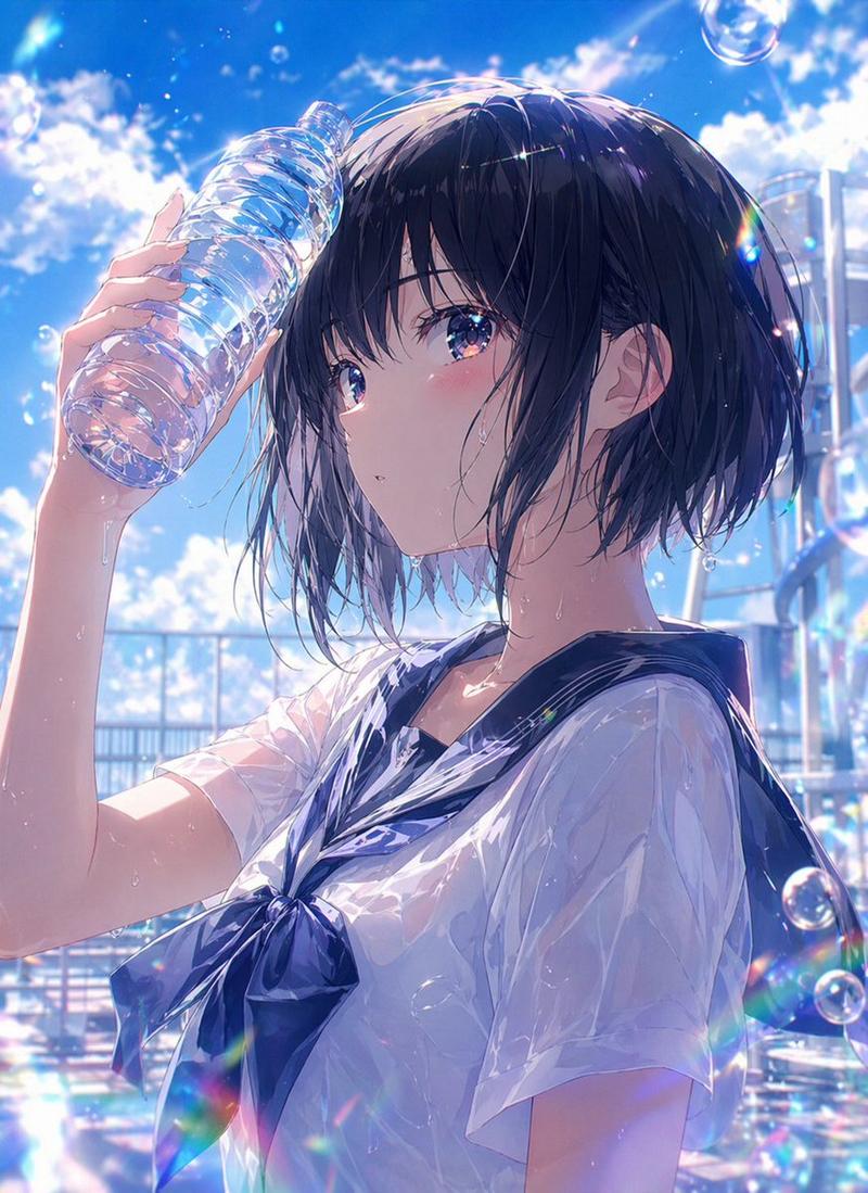 湿润夏日动漫女学生肖像