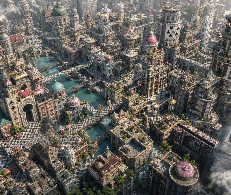 奇幻异想风格的市中心鸟瞰图