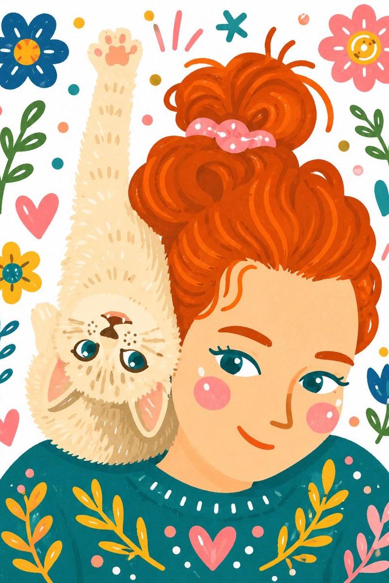 异想天开的手绘女孩与小猫插画