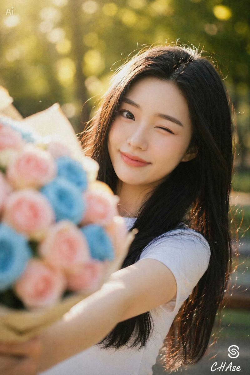 手捧花束俏皮眨眼的女性