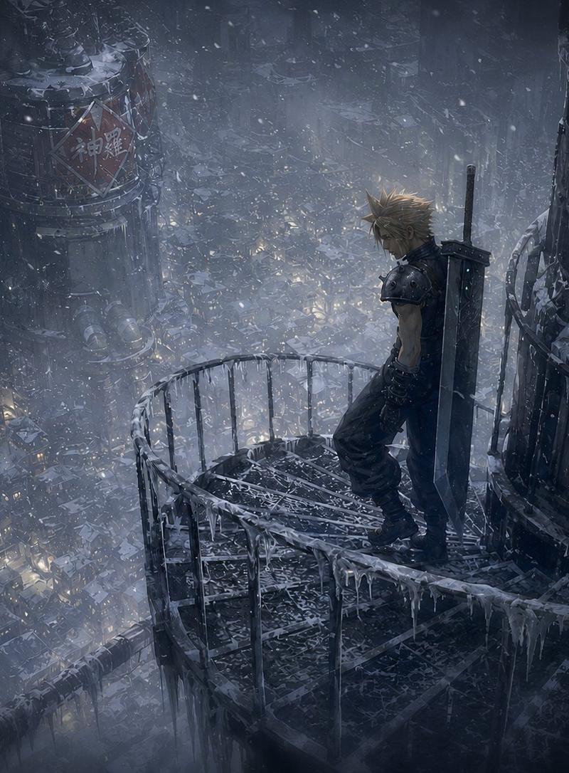 Winter Cyberpunk Balcony Over Midgar