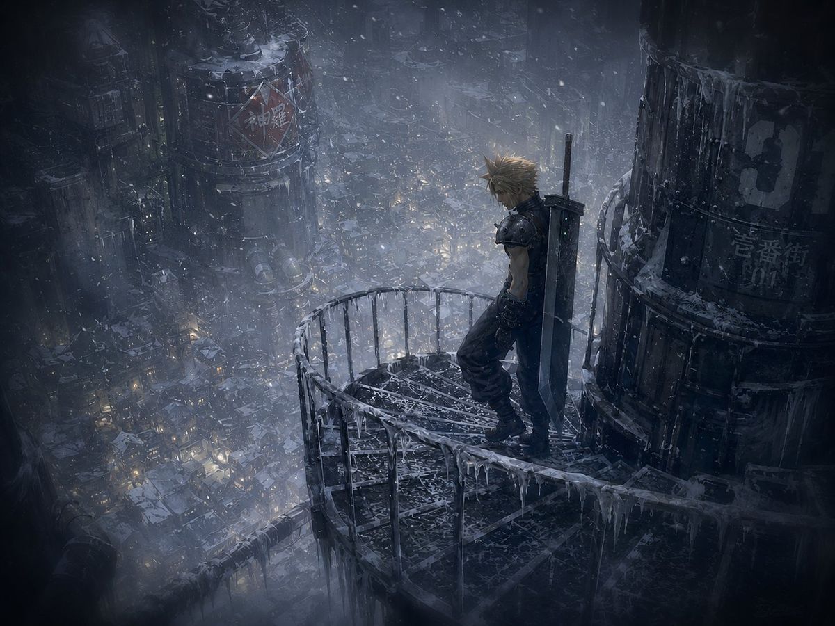 Winter Cyberpunk Balcony Over Midgar
