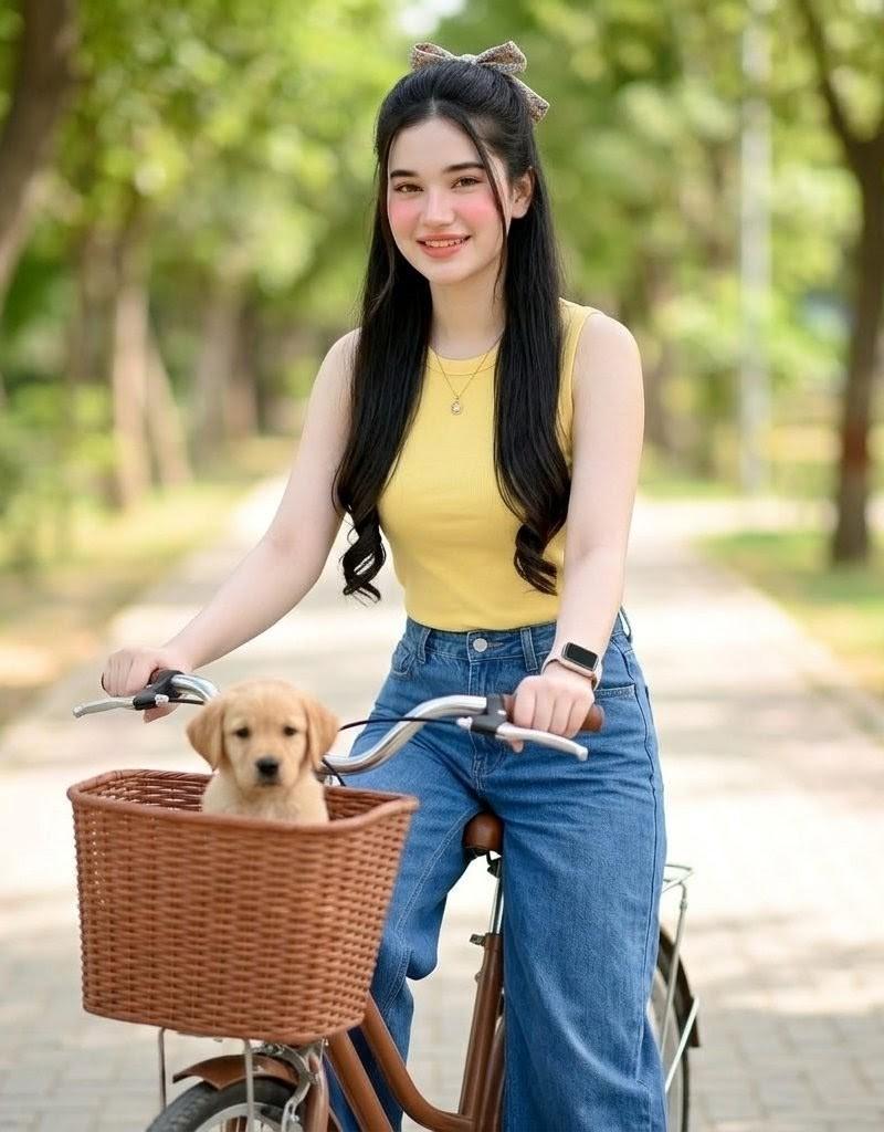 女子在公园骑行遛狗