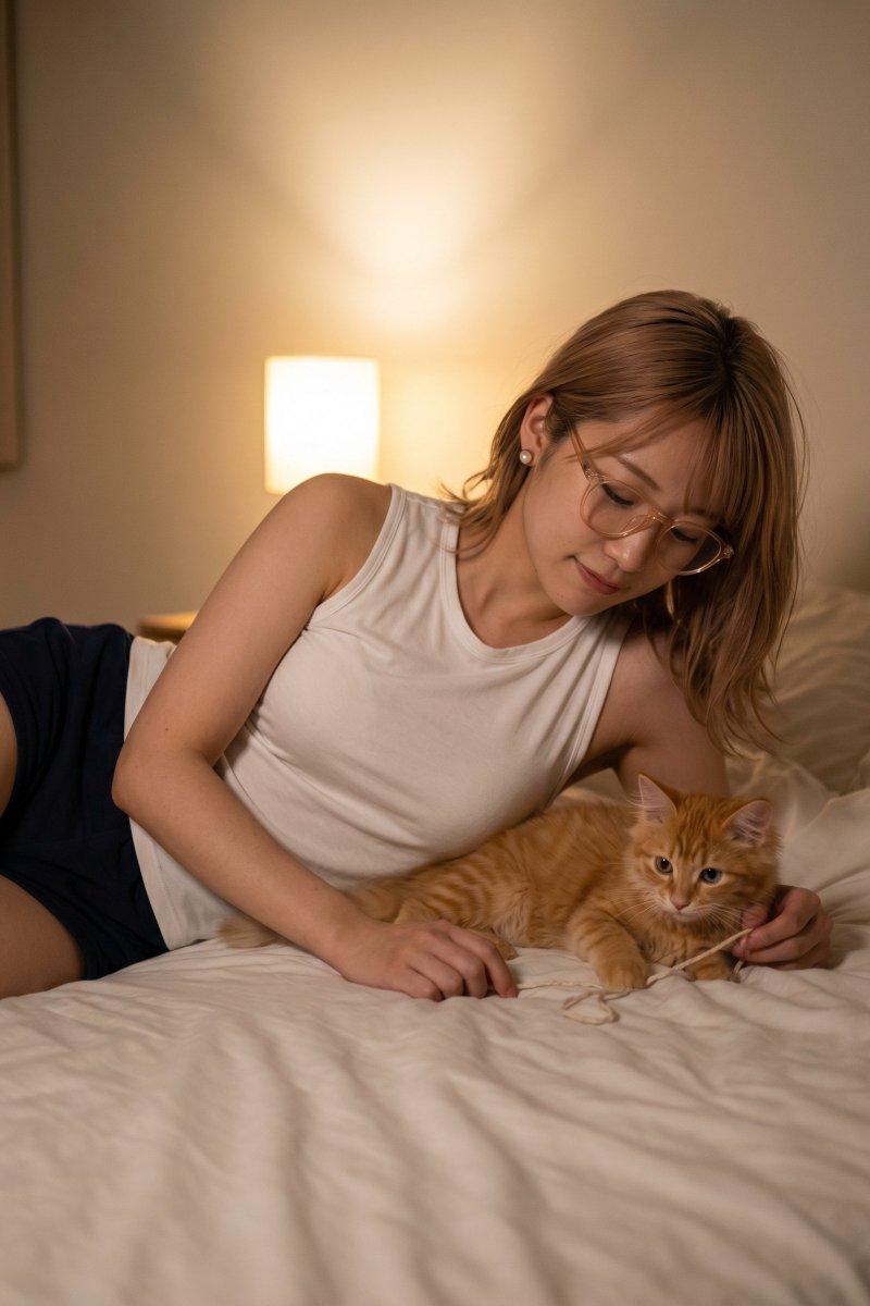 舒适睡前时光：女子与橘猫