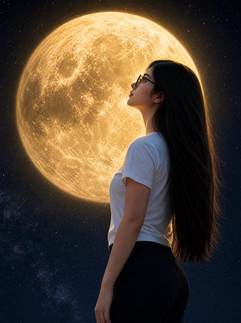 凝望巨大金月的女子
