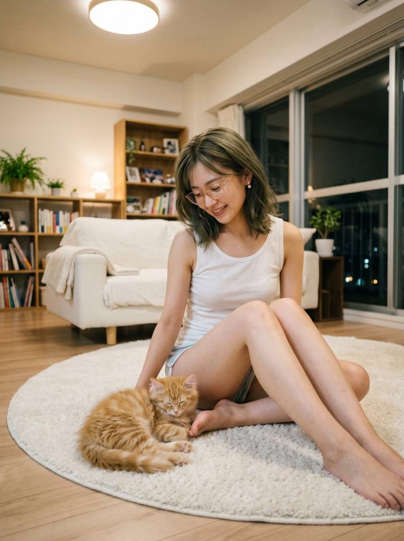 温馨公寓中的女子与小猫
