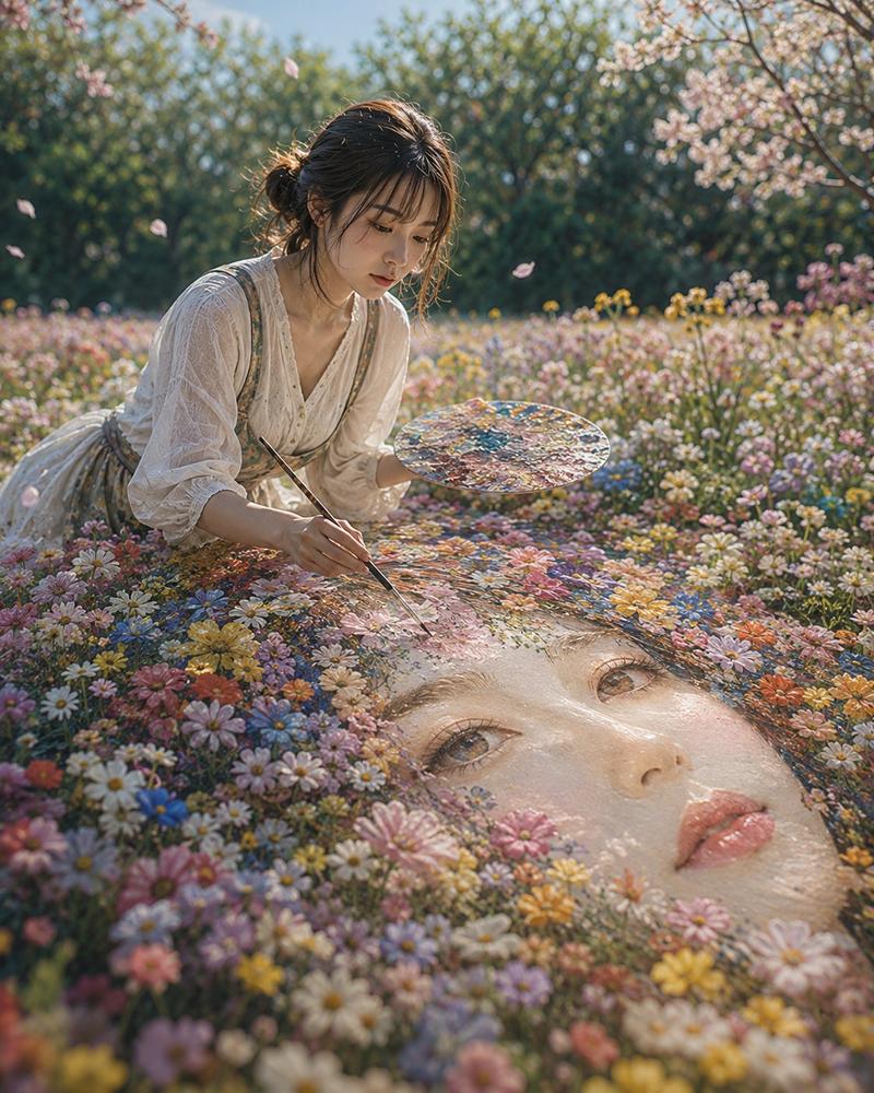 女子绘制花卉肖像