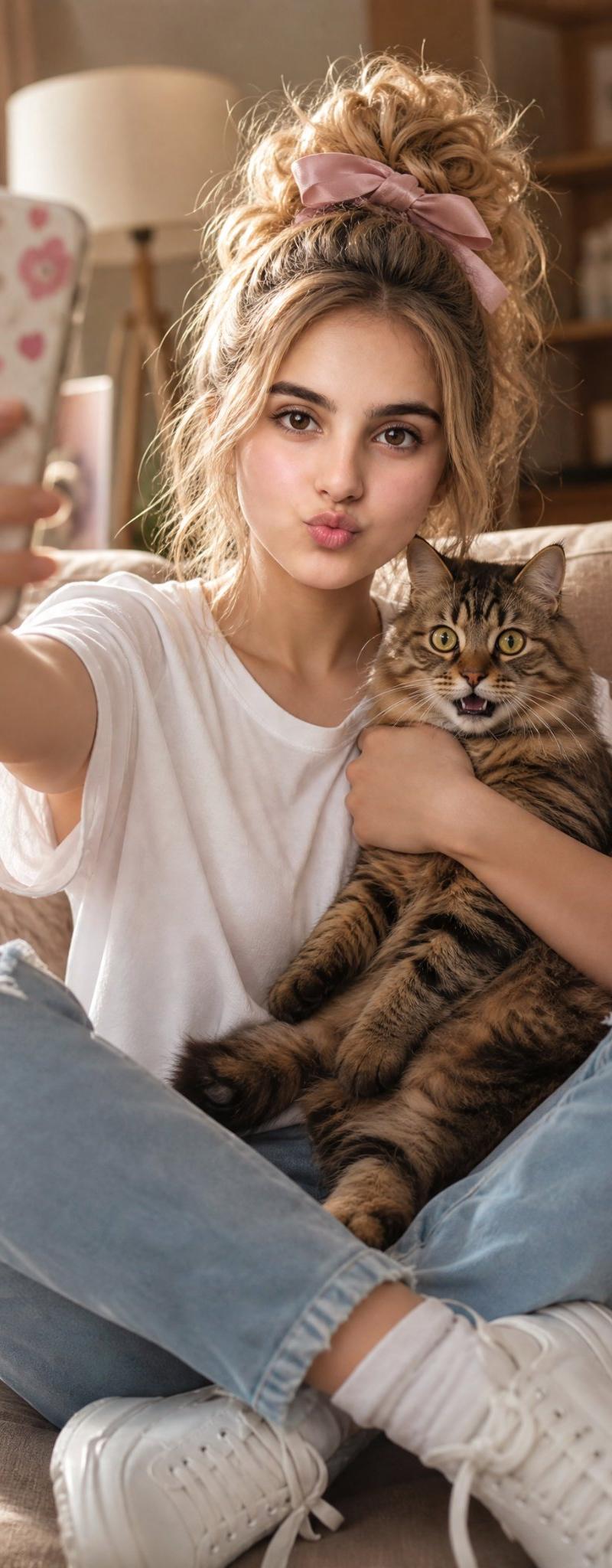 与受惊虎斑猫的温馨自拍