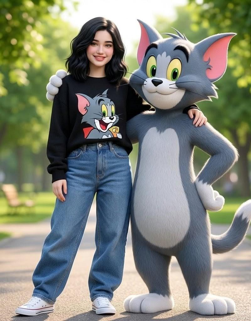 与真人大小汤姆猫合影的女性
