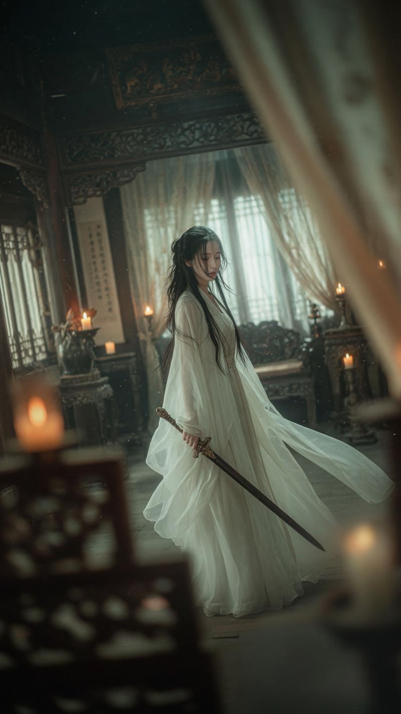 烛光密室中的电影感武侠女剑客