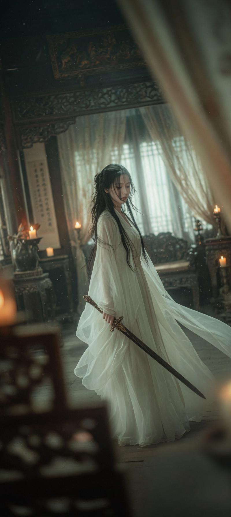 烛光密室中的电影感武侠女剑客