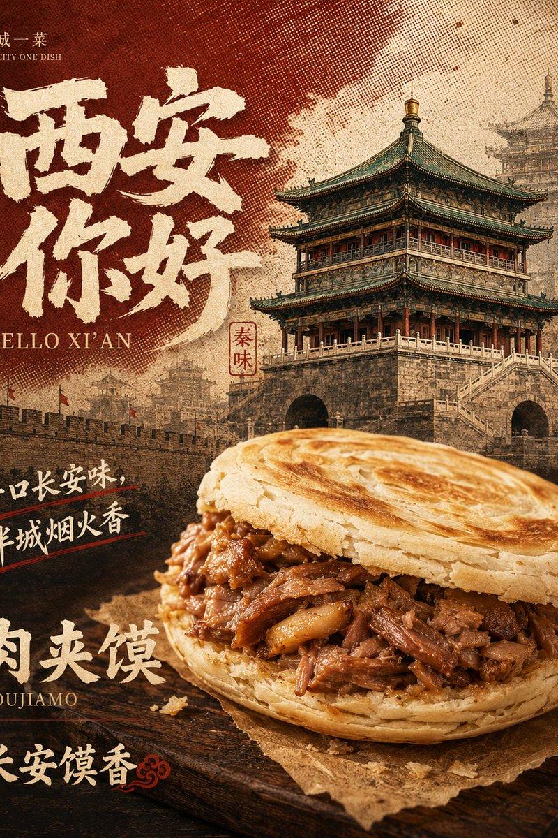 复古西安肉夹馍美食海报