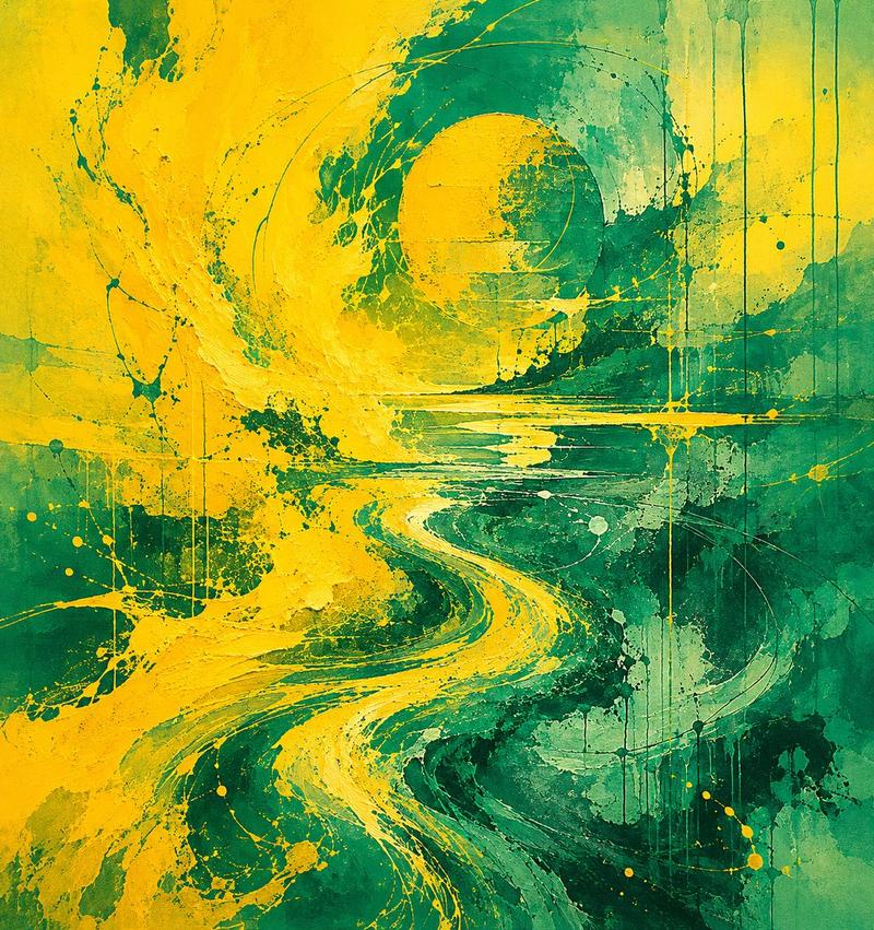 黄色与青色抽象流体画